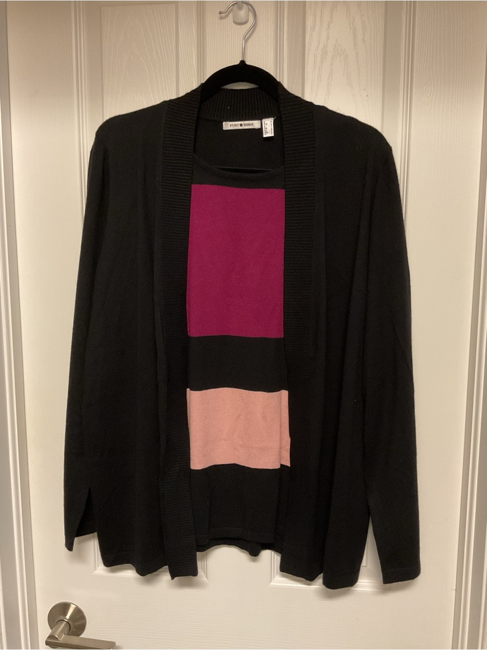 Black Open Cardigan with Pink and Magenta Block Sweater - Petite Sophisticate